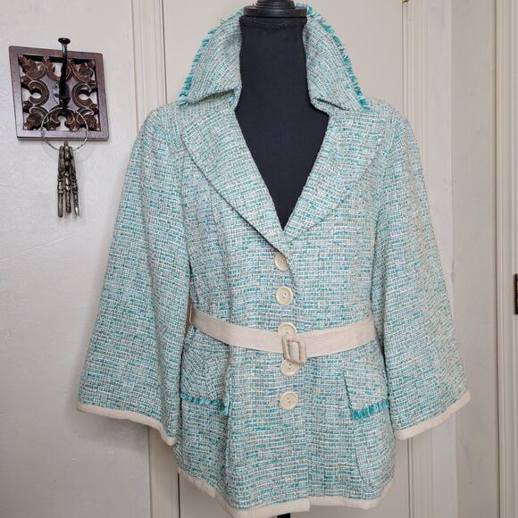 VTG Nanette Lepore Tweed 3/4 Sleeve Turquoise Fringe Jacket Blazer Belt Y2K✨️12 - Picture 3 of 16